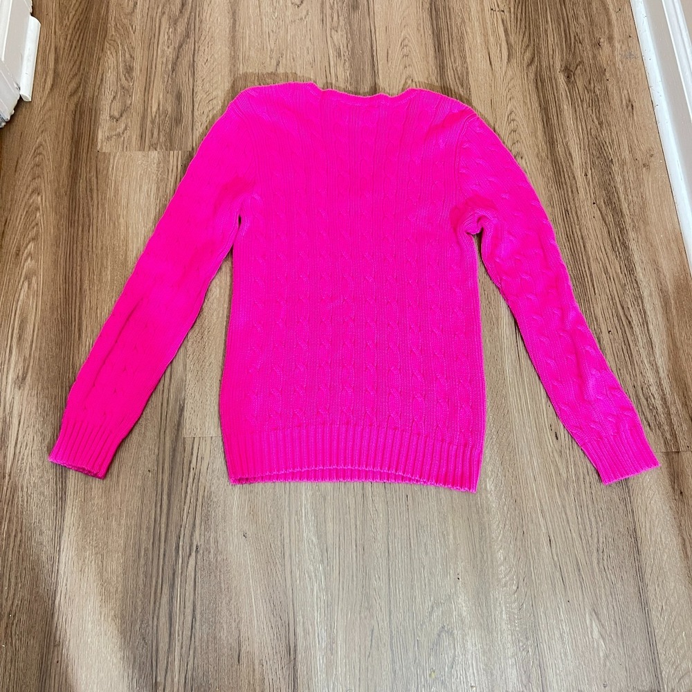 Ralph Lauren Sport Medium Hot Pink Cable Knit V Neck Cotton Sweater Preppy - Picture 2 of 7